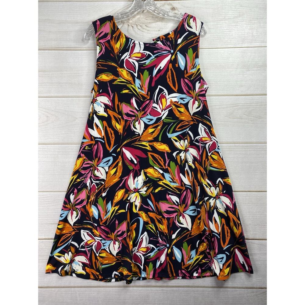 Msk Dress Sz L Printed Vibrant Floral Colorful Sleeveless Tie Neck Jersey Cruise
